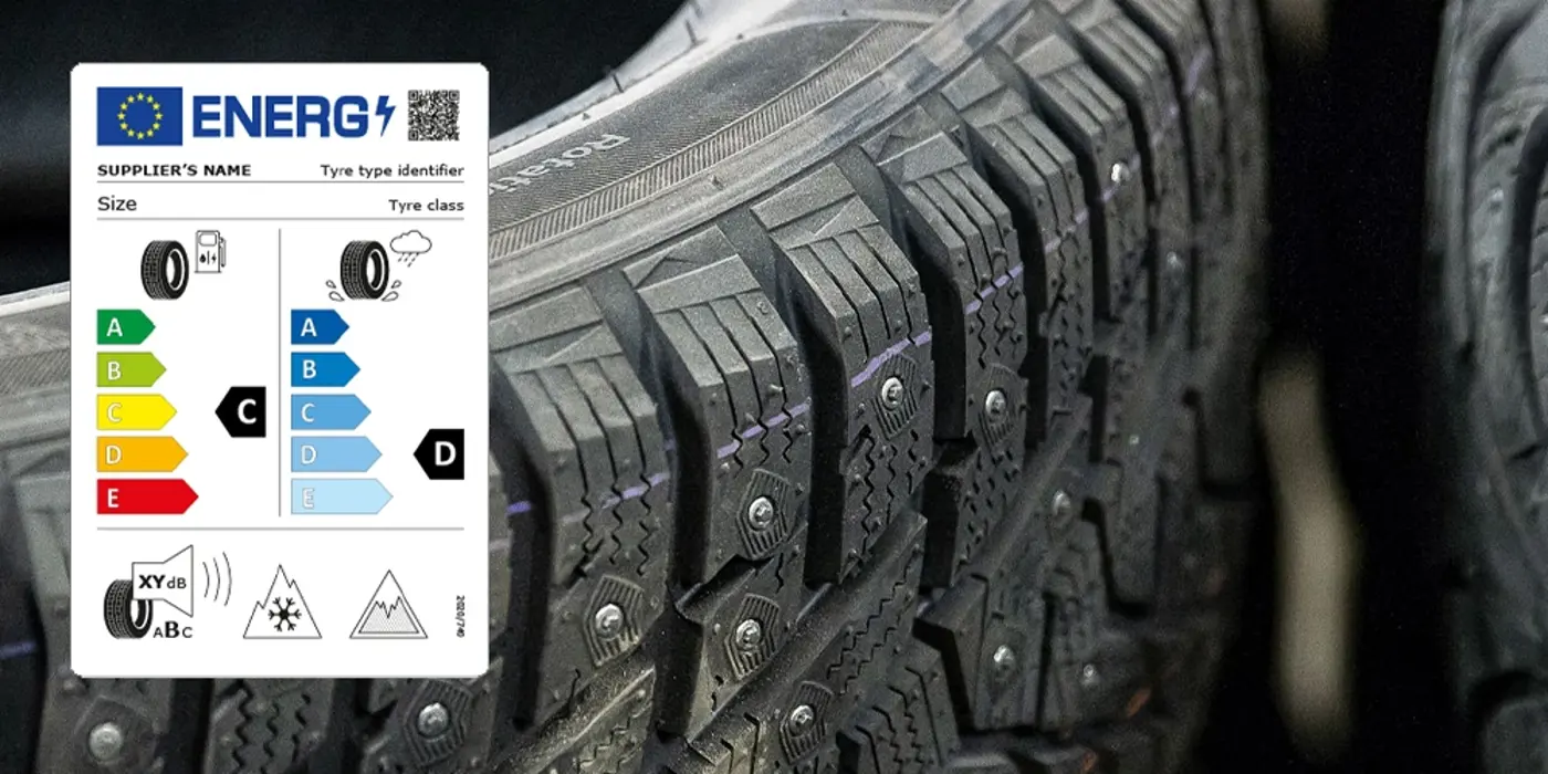 Vinterdäck samt en energispecifikation inklippt i bilden.