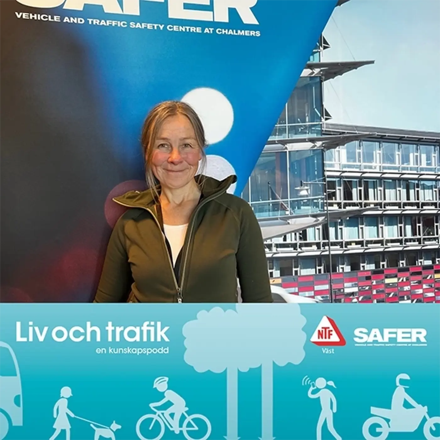 En omslagsbild till podcasten "Liv och trafik" med en bild på en leende kvinna.