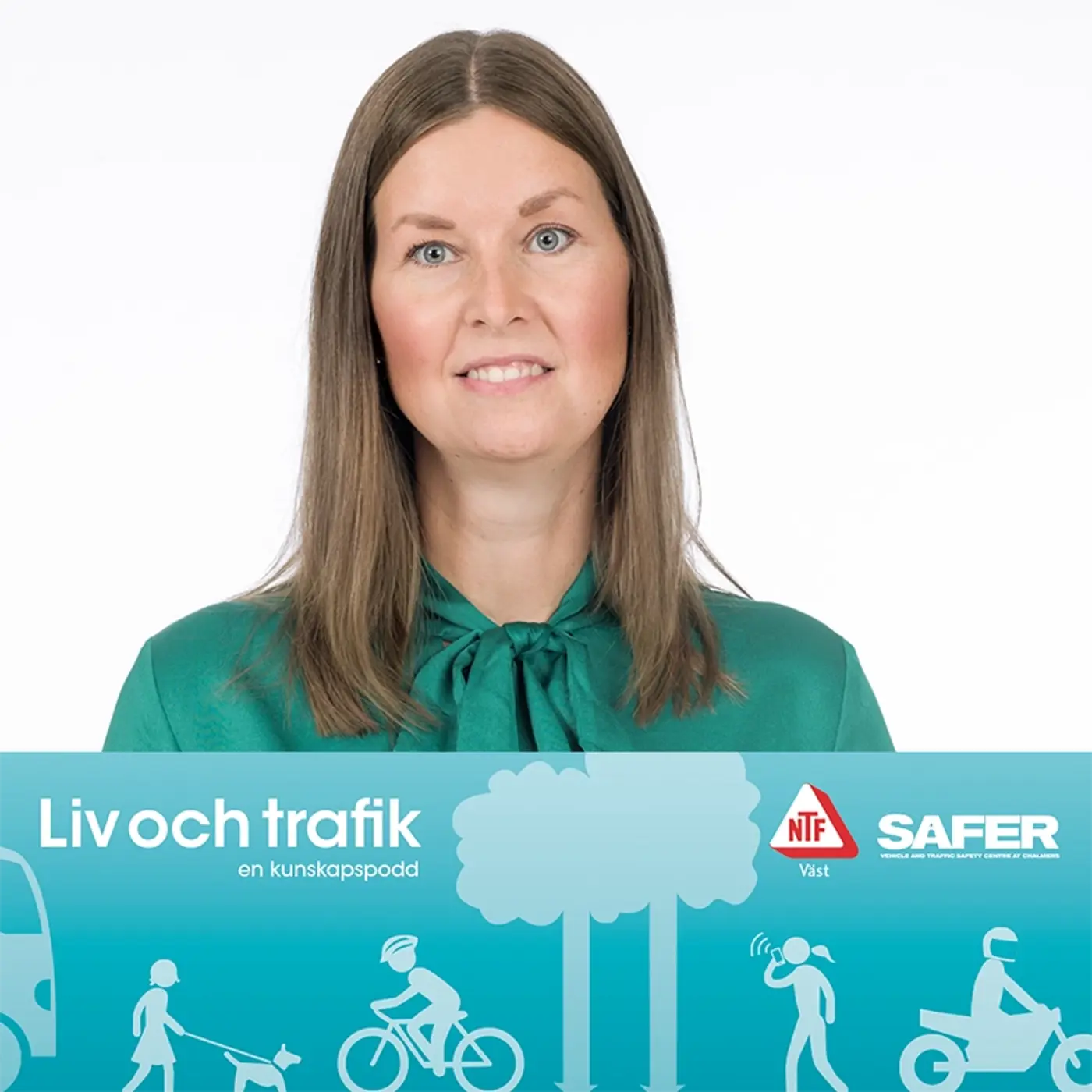 En porträttbild på en kvinna och nedanför en illustration av olika trafikanter samt texten "Liv och trafik - en kunskapspodd".